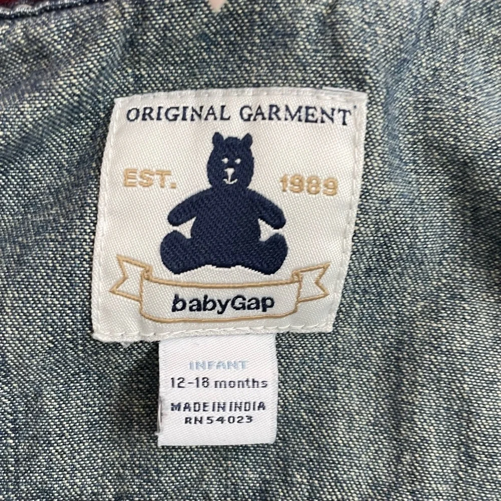 Gap Baby Jacket Denim Embroidered Handsome Devil Removable Hood Pockets Blue Red